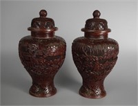 Pr. Chinese Qing carved cinnabar ginger jars
