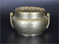 Chinese Qing white copper hand warmer,depicting