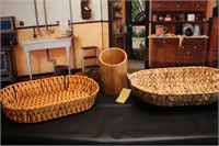 Two Woven Bread Baskets & Utensil Holder