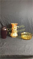 Amber Yellow Bowl, Carnival Pitcher / Vase, Red