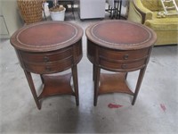 Vintage Leather Top Round Two Drawer Side Tables