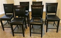 Set of 6 Solid Wood and Leather Counter Stools