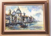 L. Baman Signed Painting on Canvas City Port