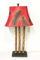 Bamboo Style Table Lamp with Red Shade