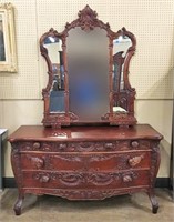 Antique Ornately Carved Dresser & Mirror