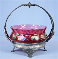Pairpoint Enamel Decorated Cranberry Brides Basket