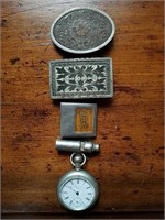 3 belt buckles, whistle, & pocket watch