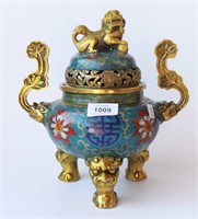 Chinese lidded censer, cloisonne and brass,