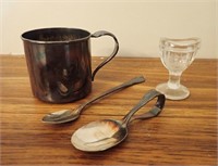 Vintage Silver Plate Cup & Spoons & Eye Wash