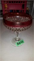 RED RIMMED PRESSED GLASS CANDY DISH 6" DIA X 7.5"