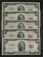 (5)  1953  $2 LT Red Seals  XF