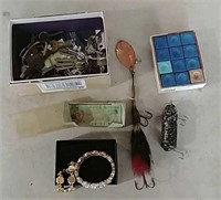 Keys, lures, chalk and costume jewelry