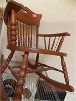 ANTIQUE WOOD ROCKING CHAIR WITH LEATHER SEAT