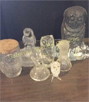 Seven clear glass owls assorted sizes