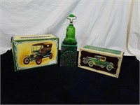 2 vintage Avon perfume cars and a bell