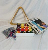 Set of billiard balls, rack, chalk and tips