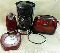 Coffee pot, toaster, can opener, clock