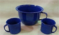 Blue granite ware, 2 cups & 1 pot