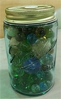 Pint Ball jar of marbles, 25 + marbles