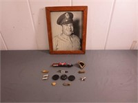 Framed Picture of Military Man + Military Pins +
