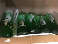 tall green glasses with geese design