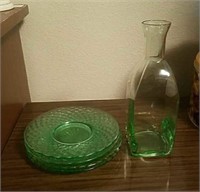 Vaseline Green Saucer & Bottle