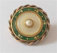 Antique round gold green enamel pearl brooch