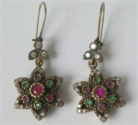 Pair sterling silver gem set earrings
