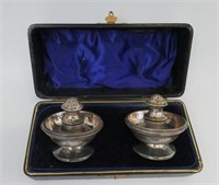 Cased pair antique English sterling silver salt