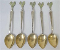 Set five silver teaspoons with green enamel bird