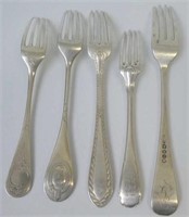 Five various sterling silver forks