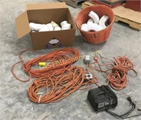 Ext. cords, PVC fittings, battery charger, holder