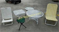 3 glass top patio tables, two chairs, one stool