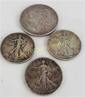 1 Morgan & 3 Walking Liberty Silver half Dollars