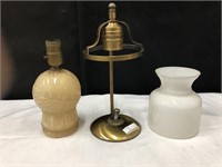 LOT 3 ANTIQUE ELECTRIFIED BRASS OIL LAMP 2 SHADEs