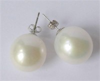 Pair 9kt gold 14mm cultured pearl drop earrings