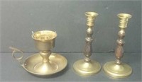 Pair Of Brass Candle Holders & Large Brass Finger