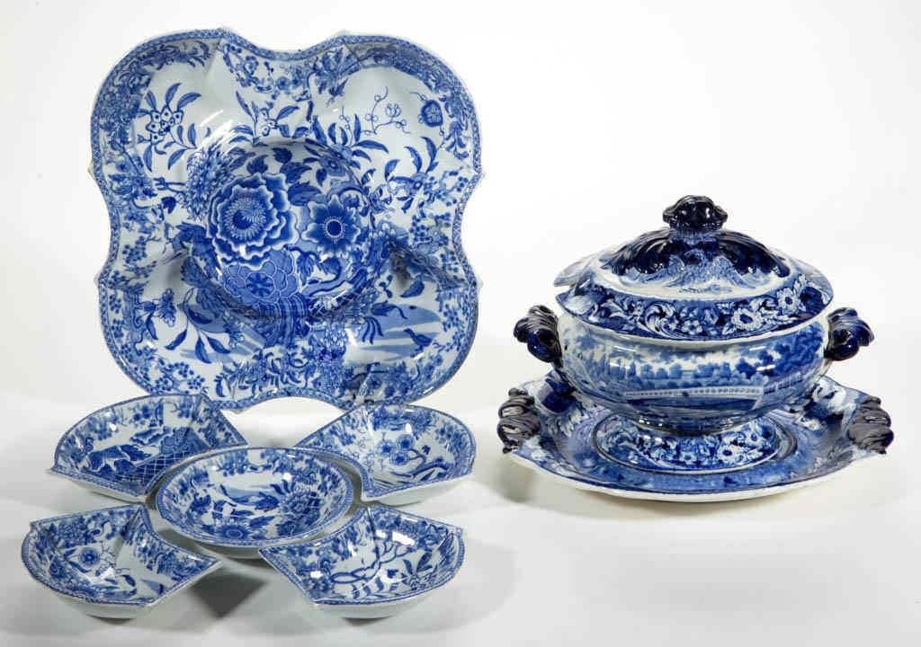 A selection of 18th and 19th century English ceramics including early transferware such as a pearlware pickle tray/condiment dish with five removeable trays and a small tureen and undertray with an American view of Philadelphia