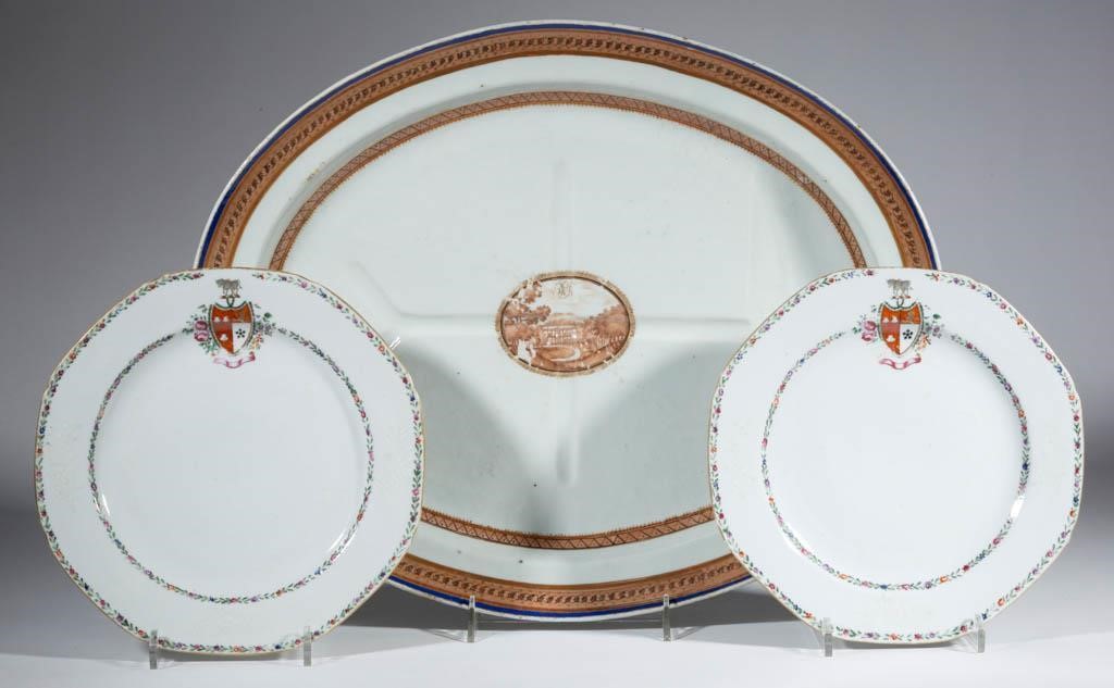Chinese export porcelain including two matching plates having the arms of Dacre impaling Weldon with bianco-sopra-bianco decoration