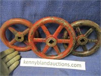 3 old heavy iron valve wheels (6in - 7in)