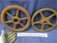 2 old heavy iron valve wheels (9in & 10in)
