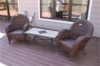2 Resin Wicker Style Patio Chairs & Table