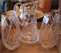 Cut Glass Pitcher and 2 Cut Crystal Vases