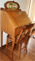Oak Slant Top Desk & Cane Bottom Side Chair