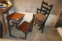 Old Childs School Desk Incl 2 Ladder Back Chairs