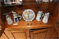 4 German Ceramic Steins w/Pewter Animals on Lid