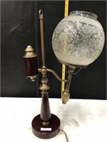 Antique Electrified Oil Lamp Wooden Glass Shade