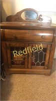 Wooden night stand with mirror and stained glass