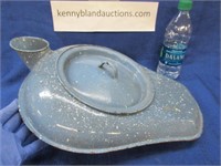 antique grey enamel bedpan w/urinal & lid