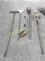 2 tow bars and assortment of yard tools